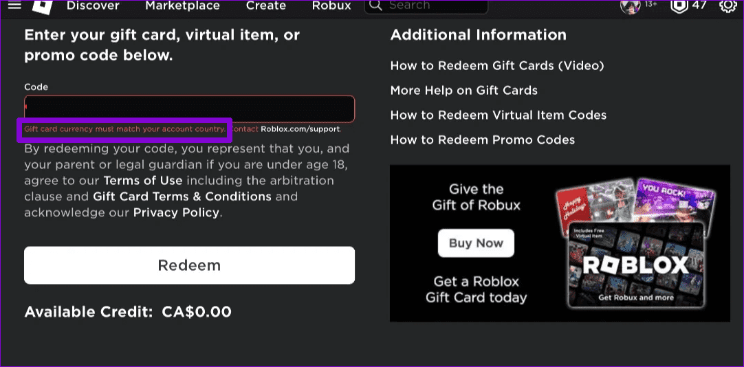 Roblox-Currency-Mismatch-Error أفضل 6 طرق لإصلاح عدم عمل بطاقة هدايا Roblox