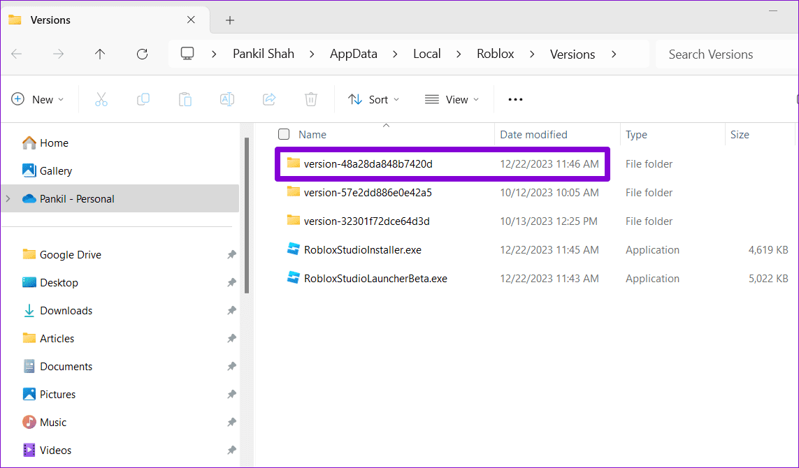 Roblox-Version-Folder-on-Windows أفضل 6 إصلاحات لعدم عمل أداة تثبيت Roblox على Windows