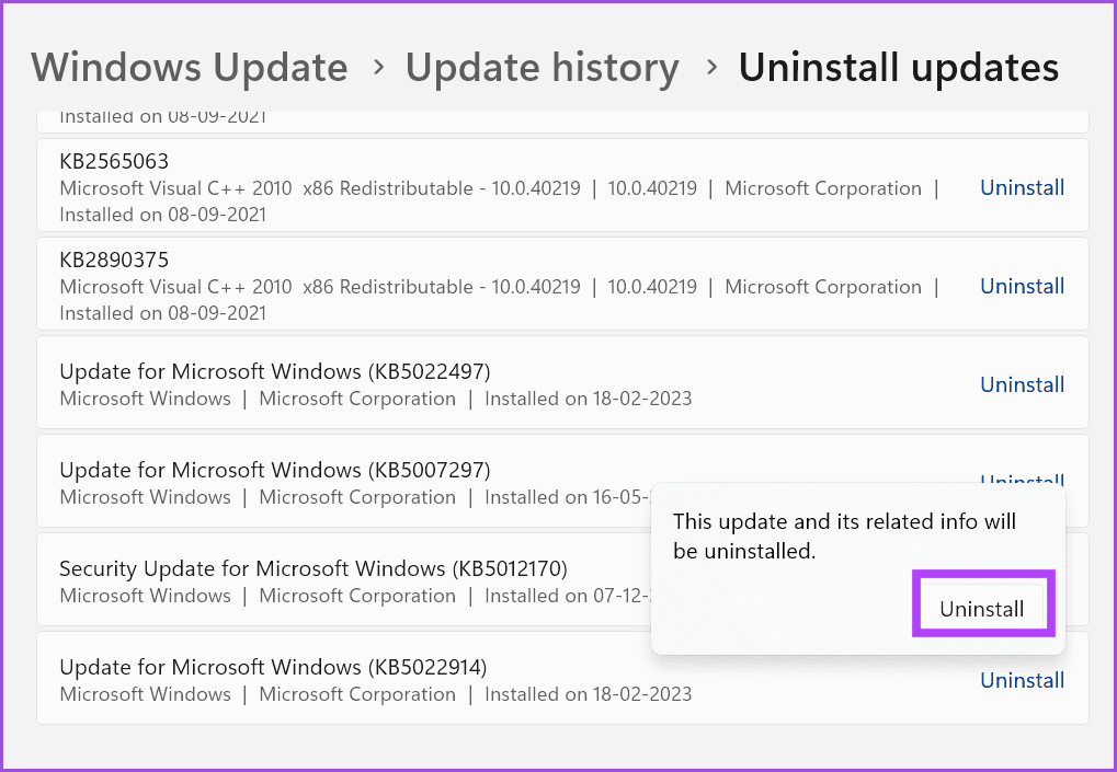 Rollback-window-update أفضل 9 إصلاحات لخطأ شاشة الموت الزرقاء "WHEA_UNCORRECTABLE_ERROR" في Windows 10 و11