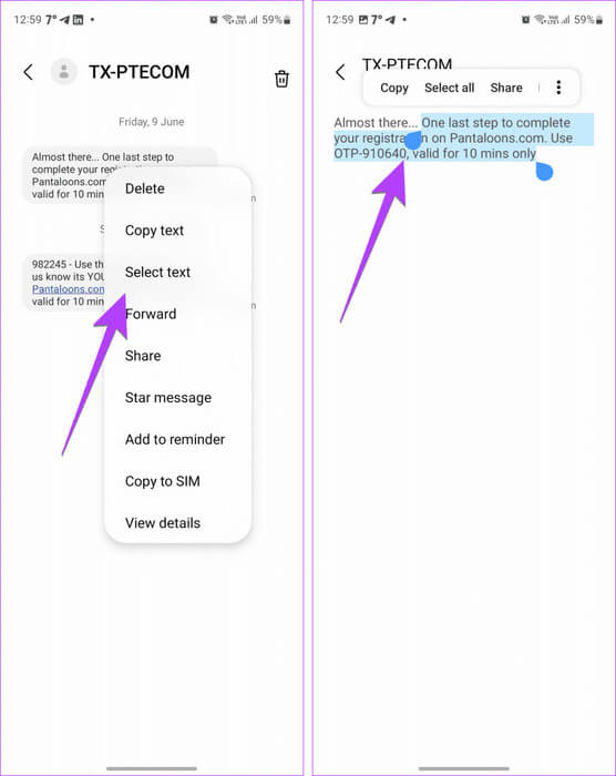 Samsung-messages-copy-some-part-of-text-813x1024-1 4 طرق سهلة لنسخ ولصق النص على Android