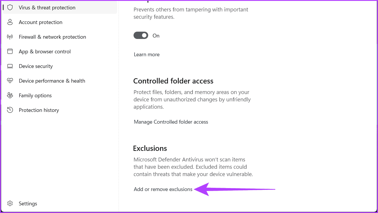 Scroll-down-to-the-Exclusions-section-and-click-Add-or-remove-exclusions 10 طرق لإصلاح عدم عمل مشاركة العائلة لـ Steam على Windows 11
