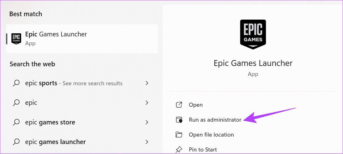 Search-and-open-Epic-Games-Launcher-and-choose-run-as-administrator كيفية تحديث Epic Games Launcher وألعابه على Windows