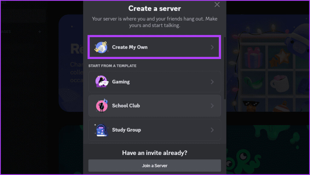 Select-Create-my-own-server-from-the-list-1024x578-1 كيفية إخفاء الخوادم المشتركة في Discord على سطح المكتب والهاتف المحمول