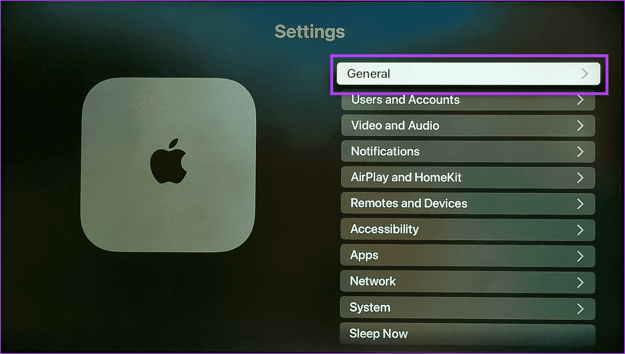 Select-General-2048x1160-1 كيفية إيقاف تشغيل Apple TV باستخدام جهاز التحكم عن بعد أو بدونه