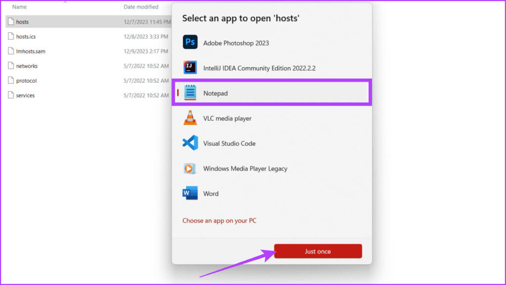 Select-Notepad-from-the-pop-up-and-click-Just-once-1024x578-1 8 طرق لإصلاح عدم عمل ملف المضيفين على Windows