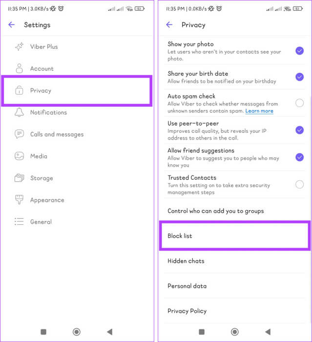 Select-Privacy-and-go-to-the-Block-list-935x1024-1 كيفية حظر أو إلغاء حظر شخص ما على تطبيق Viber