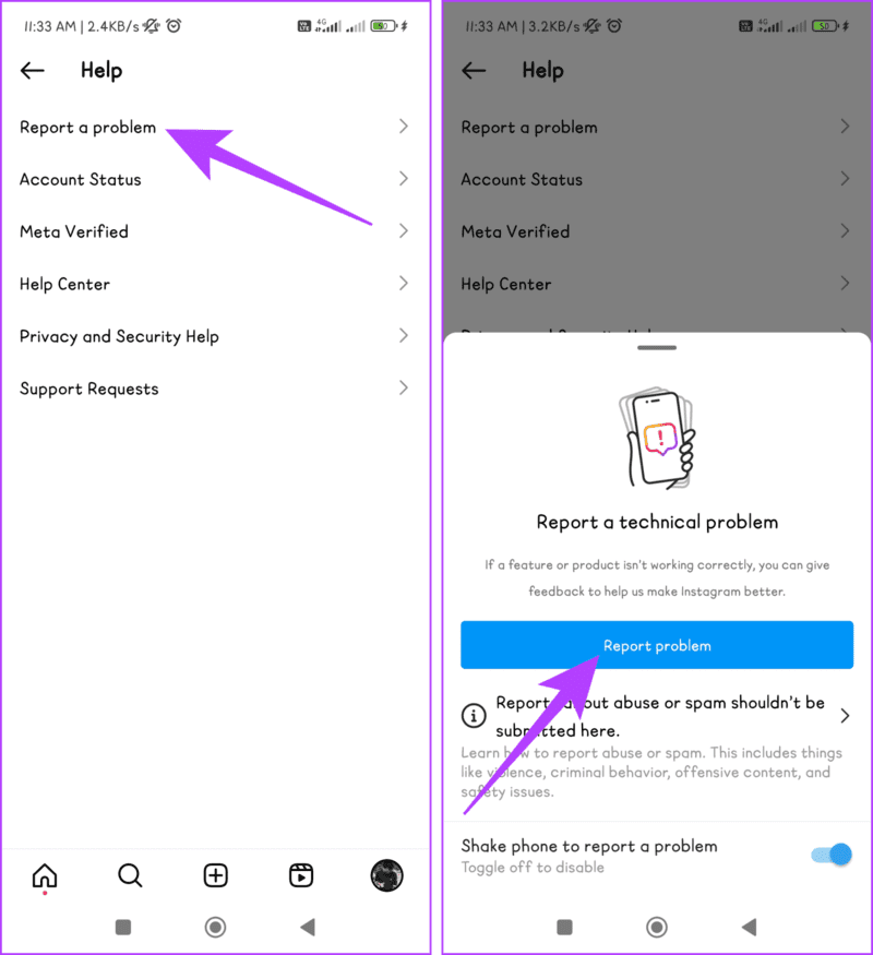 Select-Report-a-problem-and-confirm-by-tapping-Report-problem-1405x1536-1 7 إصلاحات لمشكلة "لا يمكن الاتصال بالحسابات المعطلة" على Instagram