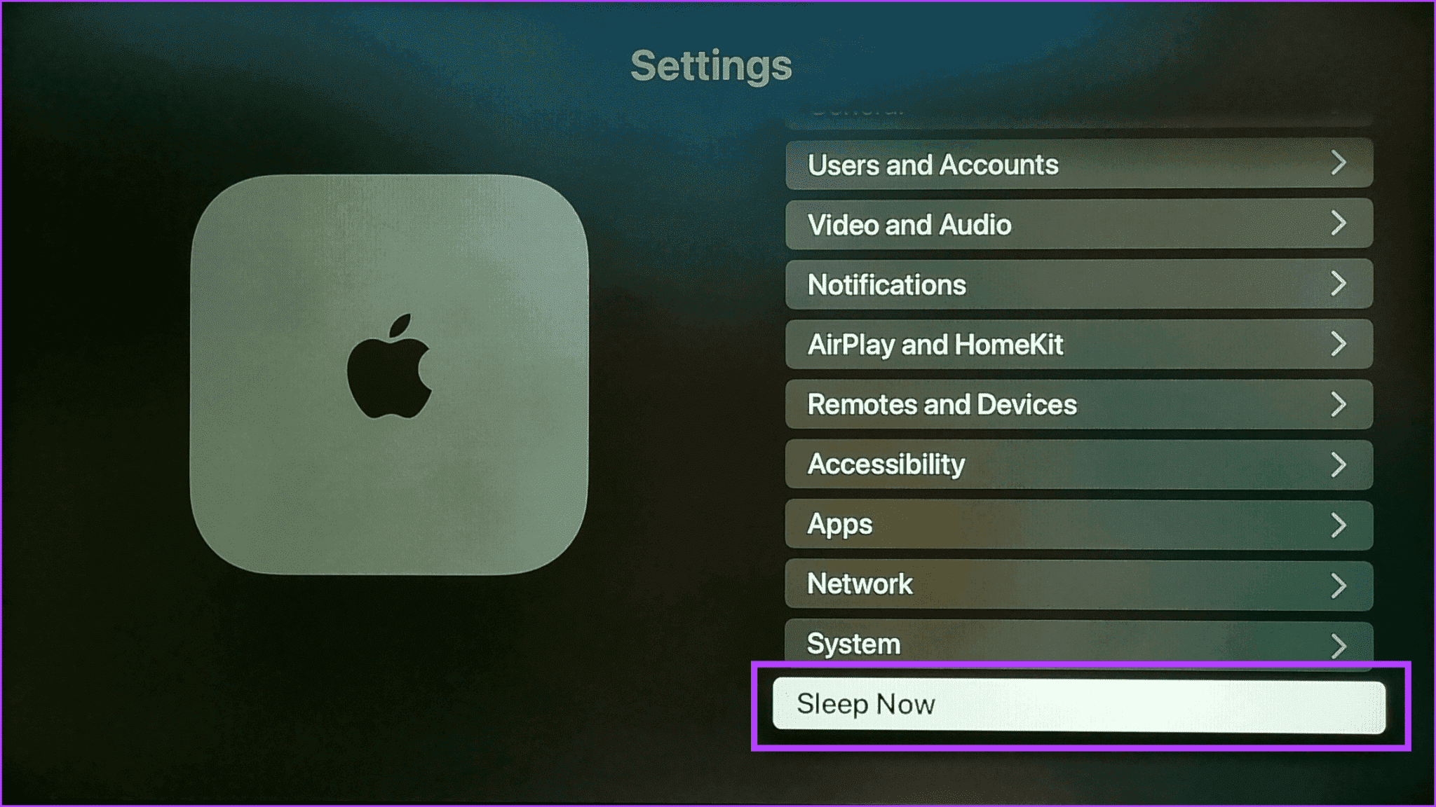 Select-Sleep-Now-2048x1152-1 كيفية إيقاف تشغيل Apple TV باستخدام جهاز التحكم عن بعد أو بدونه