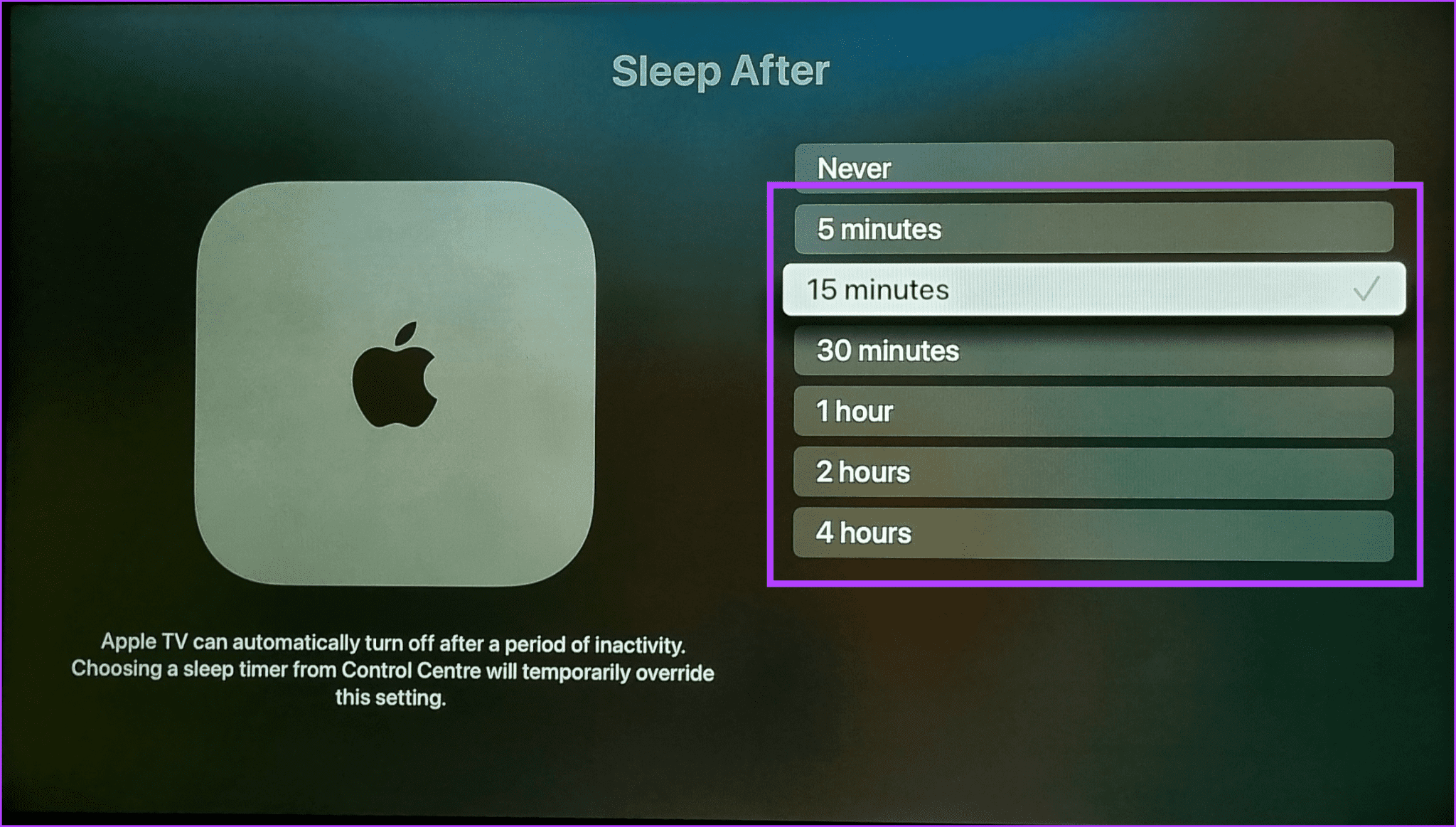 Select-Sleep-timer-duration-2048x1163-1 كيفية إيقاف تشغيل Apple TV باستخدام جهاز التحكم عن بعد أو بدونه