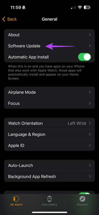 Select-Software-Update 7 طرق لإصلاح عدم عمل تتبع الدورة الشهرية على Apple Watch