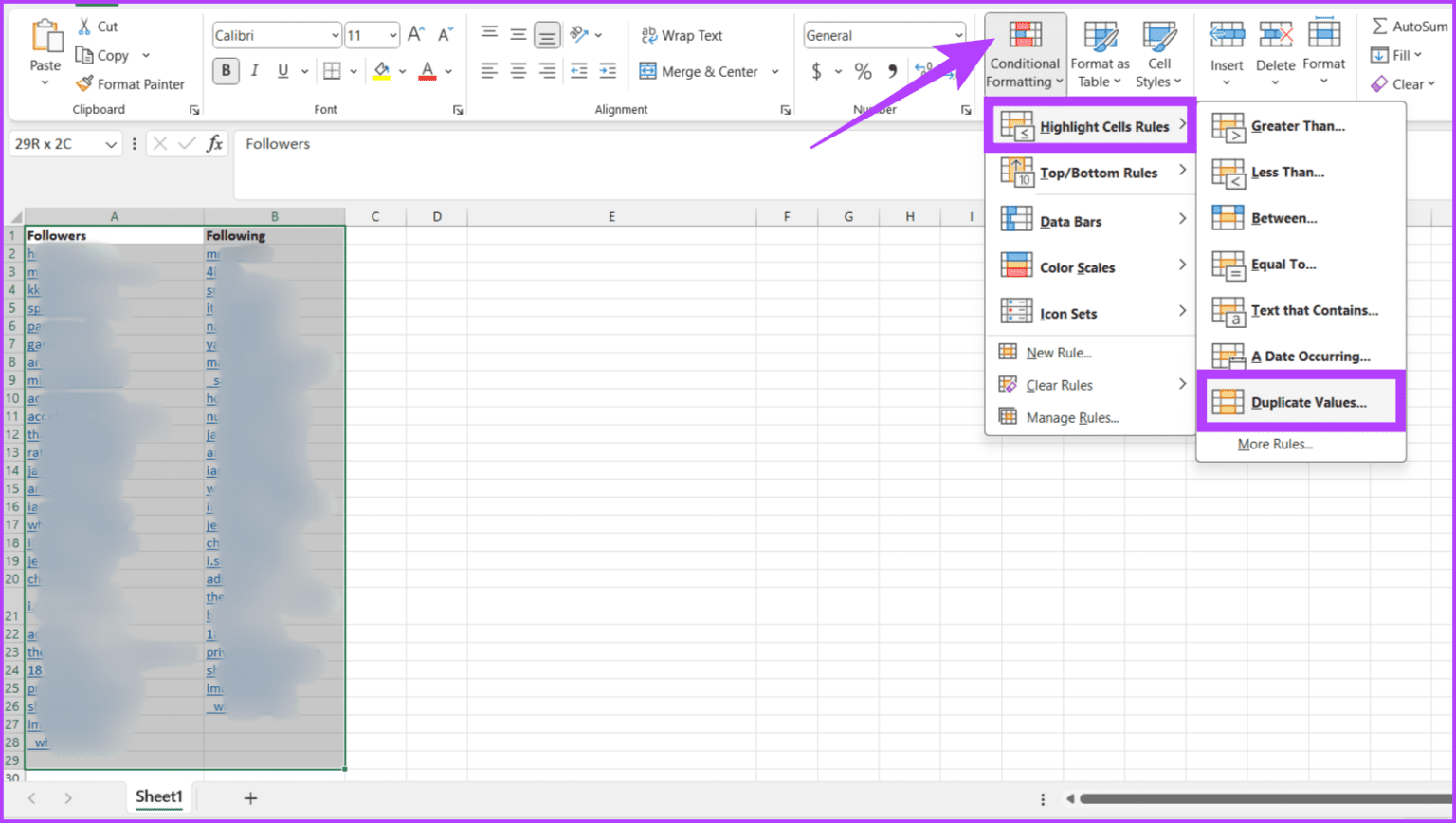 Select-both-Following-and-Followers-columns-click-on-Conditional-Formatting-choose-the-Highlight-Cells-Rules-and-select-Duplicate-Values-1536x868-1 3 طرق لمعرفة من توقف عن متابعتك على Instagram (مع/بدون تطبيق)