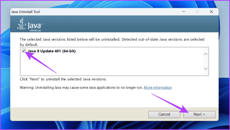 Select-the-Java-version-you-want-to-uninstall-and-click-Next 7 طرق لإصلاح خطأ Java Virtual Machine Launcher على Windows