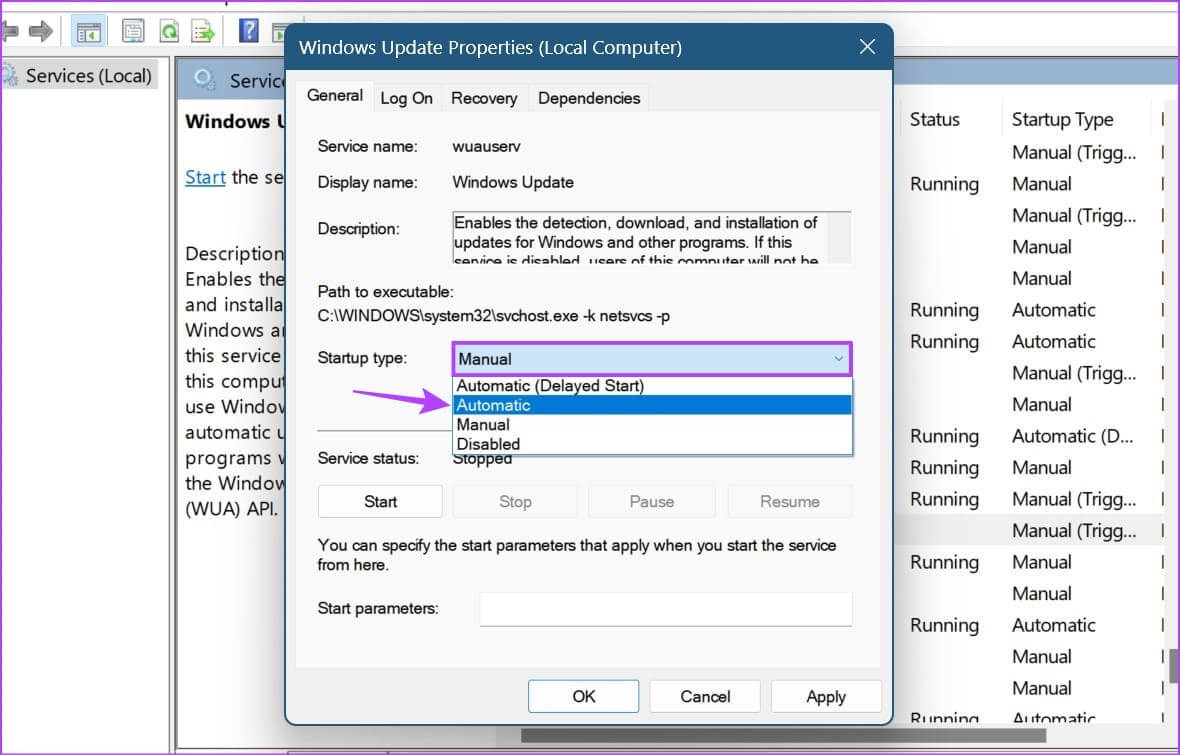 Set-Windows-Update-service-to-Automatic-1 6 طرق لإصلاح الاستخدام العالي لوحدة المعالجة المركزية في Windows Modules Installer Worker