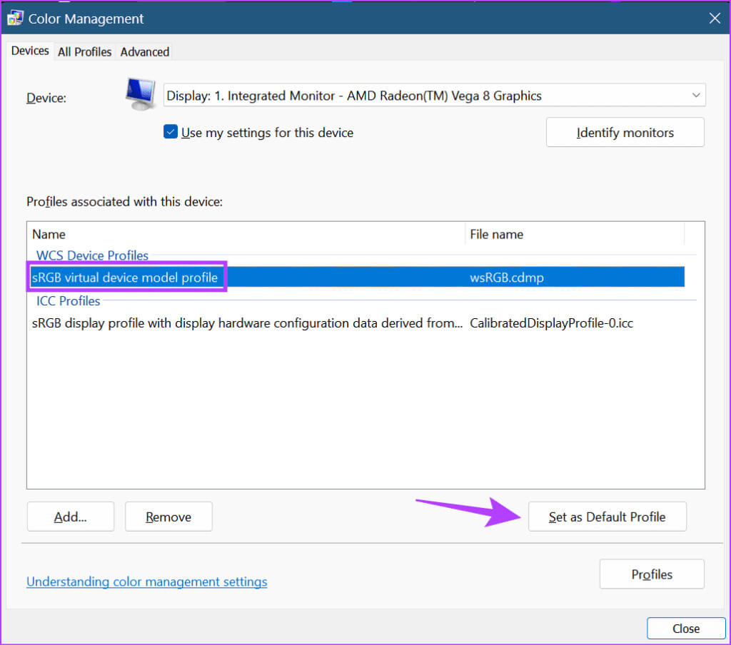 Set-color-profile-1024x904-1 9 طرق لإصلاح مشكلة اللون الأصفر على Windows 11