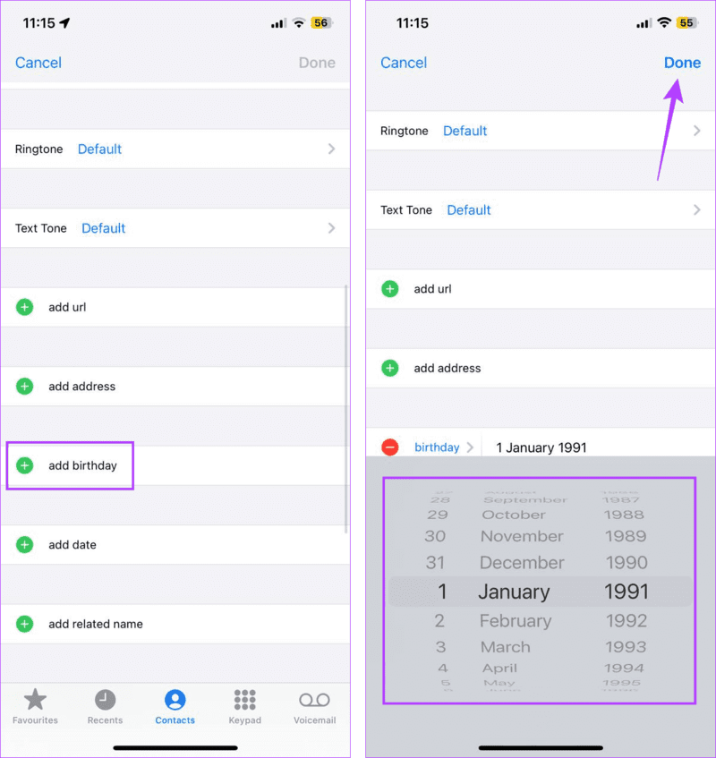 Set-contact-birthday كيفية إضافة ورؤية أعياد الميلاد على تقويم iPhone