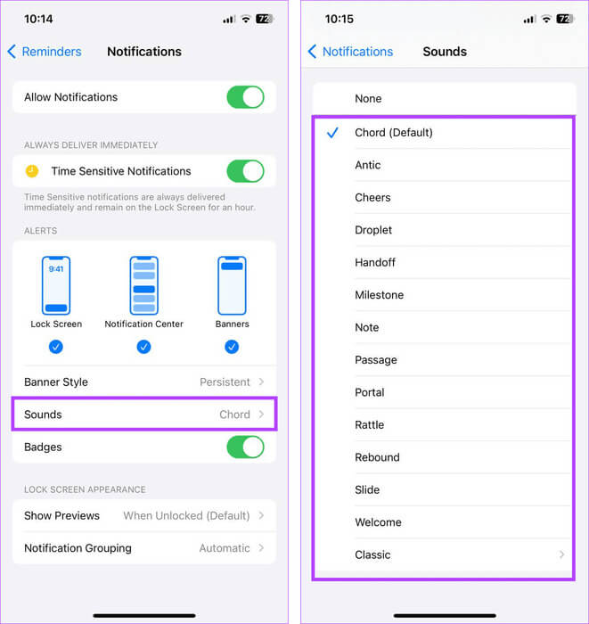 Set-new-notification-tone 9 طرق لإصلاح عدم عمل تذكيرات iPhone في iOS 17