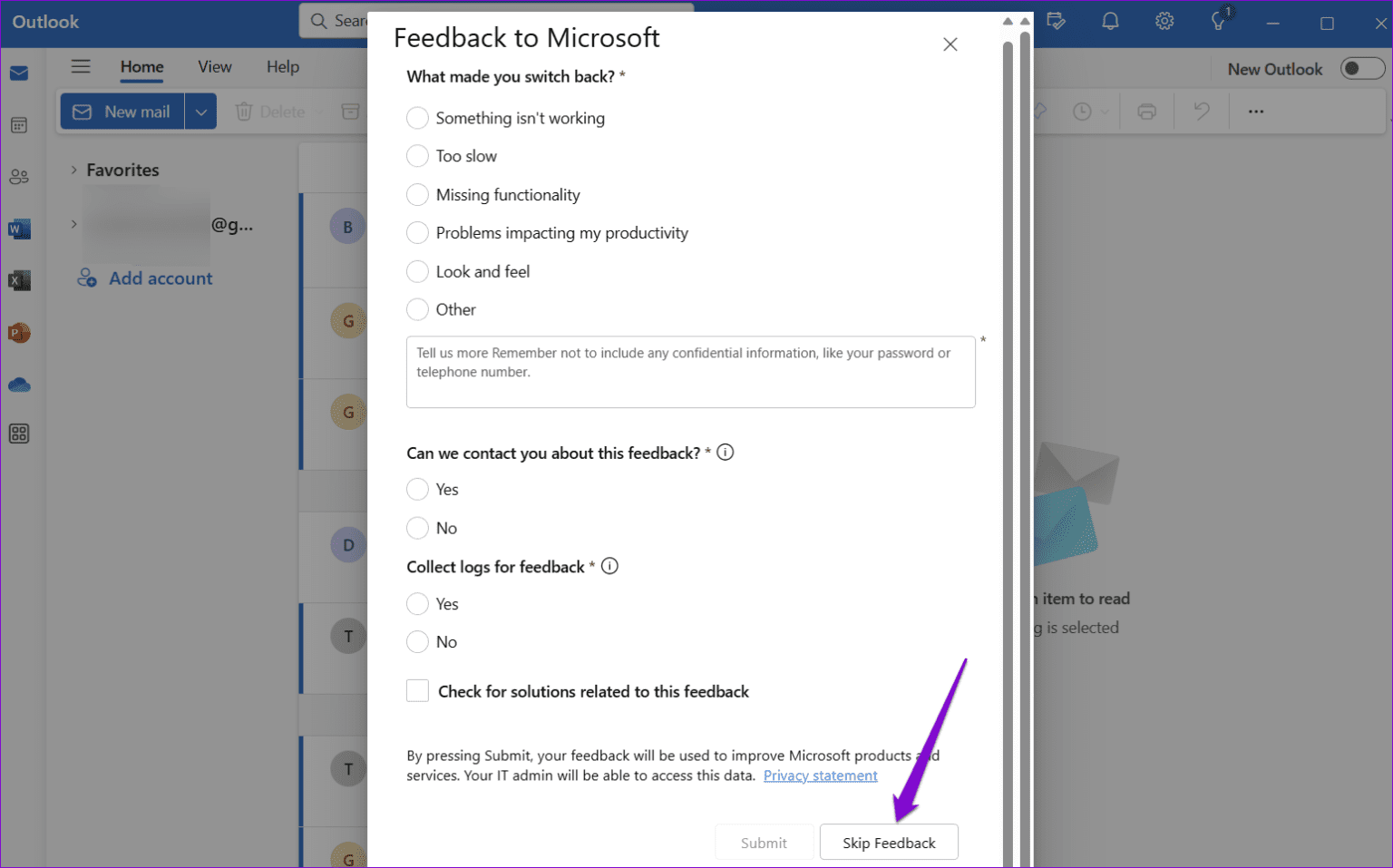 Skip-Feedback-on-Outlook-1-1536x957-1 أفضل 4 طرق لتغيير Outlook الجديد إلى Outlook القديم (العرض الكلاسيكي) على Windows وMac