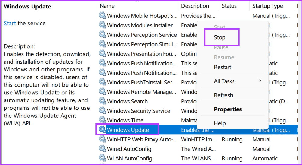 Stop-Windows-Update-Service 8 إصلاحات لمشكلة "جهازك يفتقد إصلاحات هامة تتعلق بالأمان والجودة" على Windows
