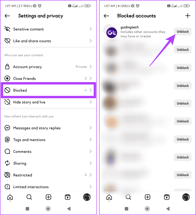 Tap-Blocked-and-press-Unblock-next-to-the-person-you-want-to-chat-with-1405x1536-1 7 إصلاحات لمشكلة "لا يمكن الاتصال بالحسابات المعطلة" على Instagram