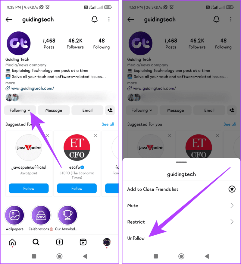Tap-Following-and-choose-Unfollow-1405x1536-1 7 إصلاحات لمشكلة "لا يمكن الاتصال بالحسابات المعطلة" على Instagram