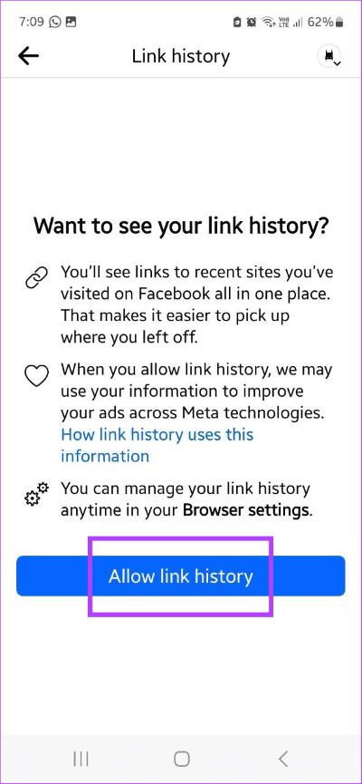 Tap-on-Allow-link-history كيفية إيقاف تشغيل سجل الروابط في Facebook على هاتفك المحمول