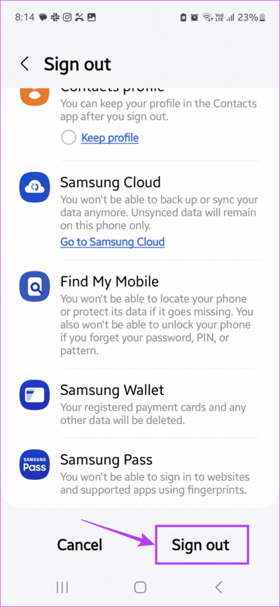 Tap-on-Sign-out 10 طرق لإصلاح خطأ الرطوبة المكتشفة في منفذ الشحن على هواتف Samsung Galaxy