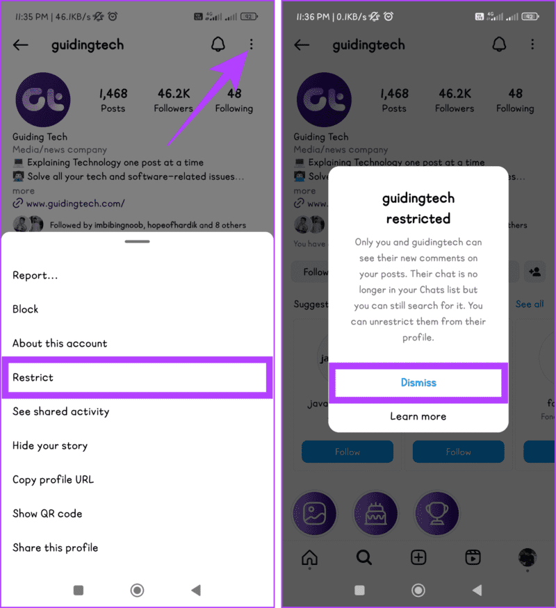Tap-the-three-dot-icon-choose-Restrict-and-select-Dismiss-in-the-pop-up-1405x1536-1 7 إصلاحات لمشكلة "لا يمكن الاتصال بالحسابات المعطلة" على Instagram
