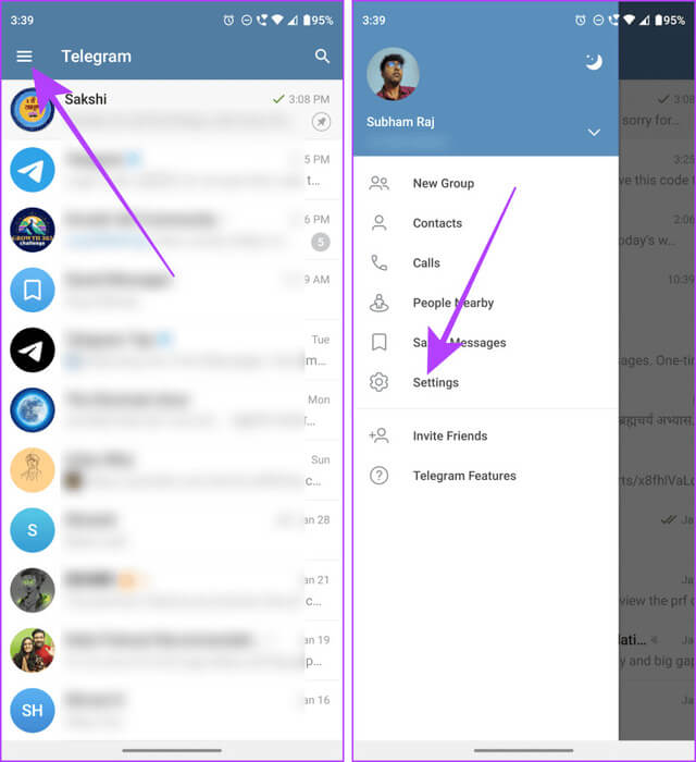 Telegram-Side-Menu-Android كيفية العثور على الملفات التي تم تنزيلها في Telegram على أجهزة Android وiPhone وMac