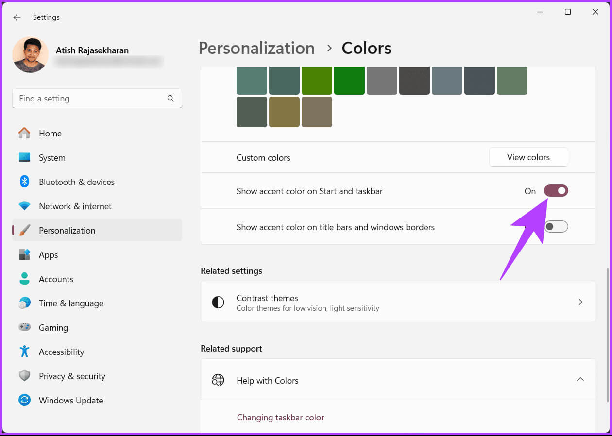 Toggle-on_batch كيفية تغيير لون شريط المهام في Windows 11