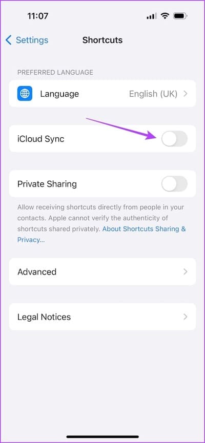 Turn-Off-iCloud-Sync 7 طرق لإصلاح تعطل تطبيق Shortcuts على iPhone