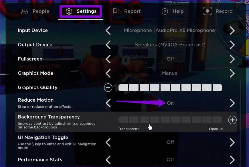 Turn-On-Reduce-Motion-on-Roblox أفضل 7 إصلاحات لمشكلة الشاشة السوداء في Roblox