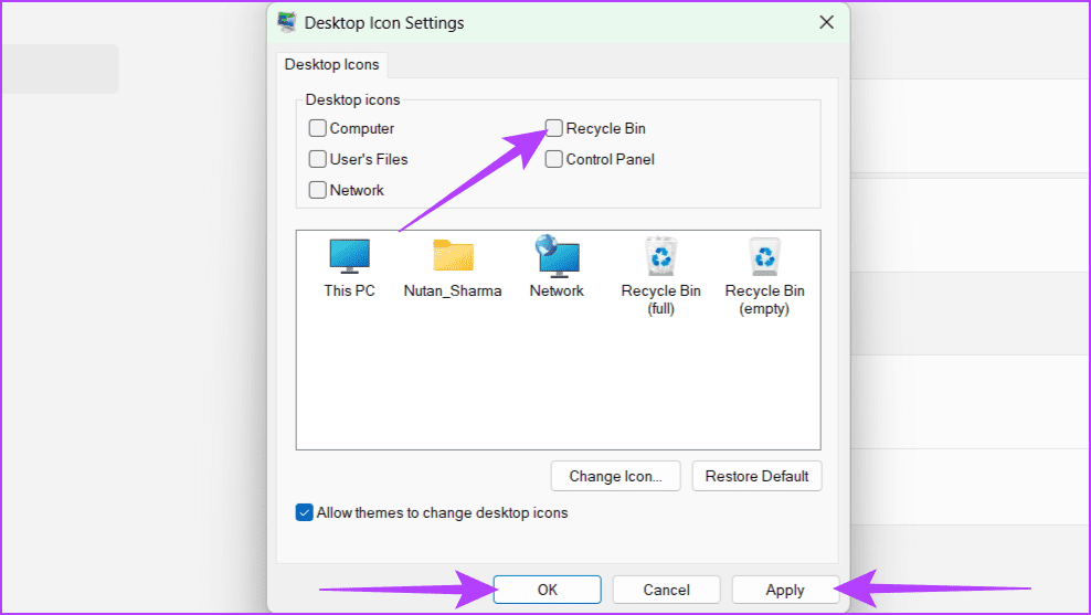 Uncheck-the-box-next-to-Recycle-Bin-and-click-Apply-followed-by-OK-1 كيفية إخفاء أو حذف أيقونة سلة المحذوفات في Windows 11