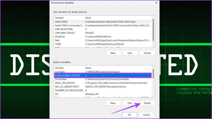 Under-the-System-variables-select-CUDA_VISIBLR_DEVICES-and-click-Delete-682x385-1 كيفية إصلاح DaVinci Resolve "وضع معالجة GPU غير المدعوم" على Windows في عام 2023