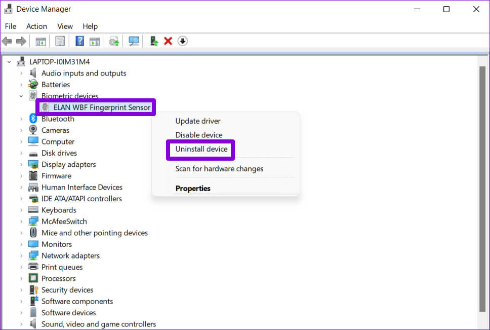Uninstall-Biometric-Driver-on-Windows أفضل 6 إصلاحات لخطأ "حدث خطأ ما" على Windows Hello