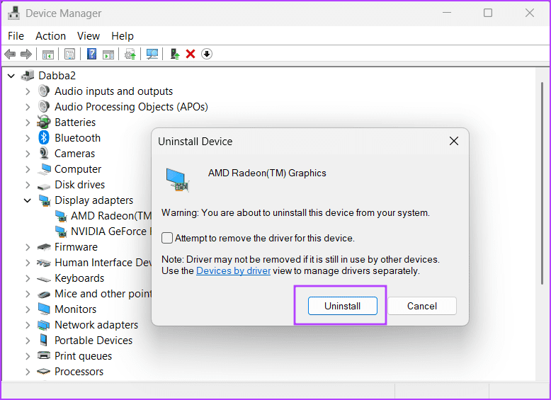 Uninstall-GPU-Drivers-Using-Device-Manager-2 أفضل 8 إصلاحات لخطأ "برنامج تشغيل جهاز الرسومات" في Windows 11