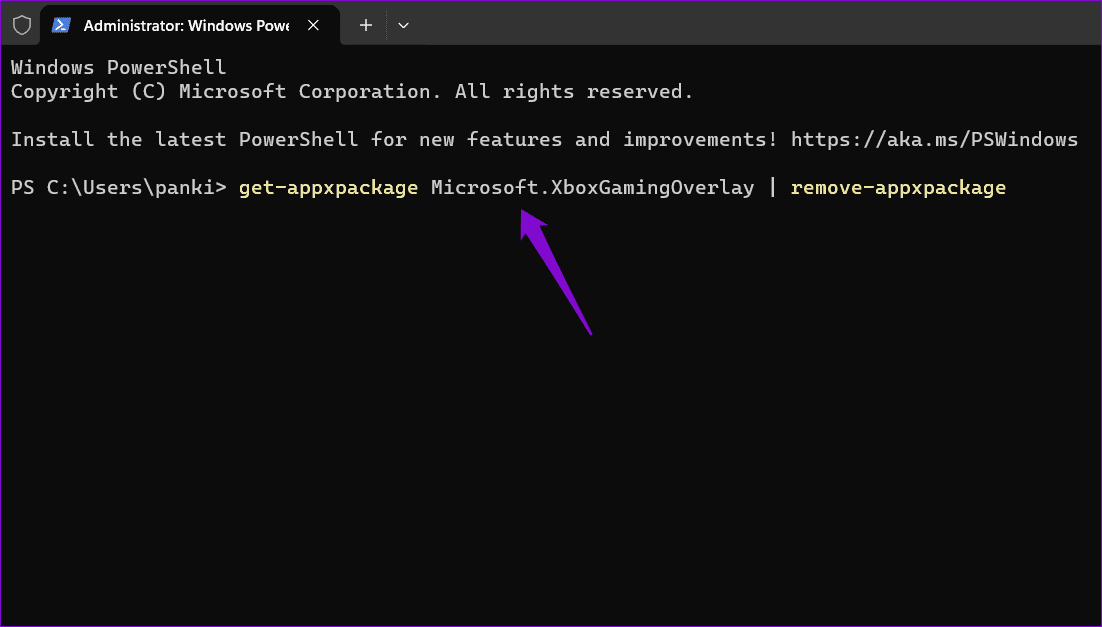 Uninstall-Game-Bar-Using-PowerShell أفضل 6 إصلاحات لخطأ "ميزات الألعاب غير متوفرة لسطح مكتب Windows".
