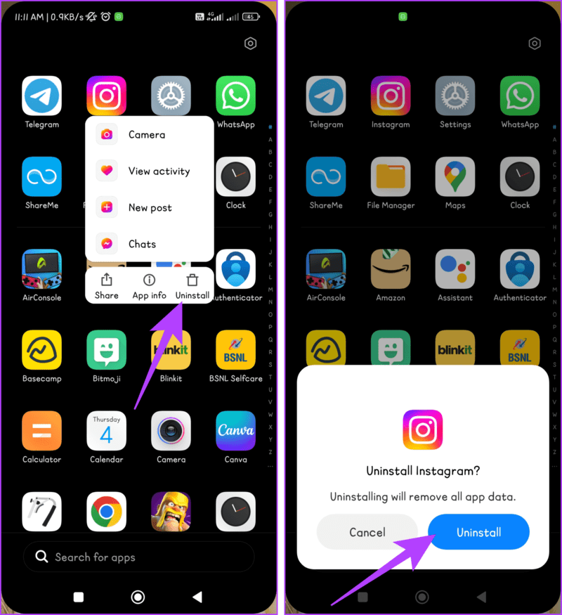 Uninstall-Instagram-on-Android-1405x1536-1 7 إصلاحات لمشكلة "لا يمكن الاتصال بالحسابات المعطلة" على Instagram