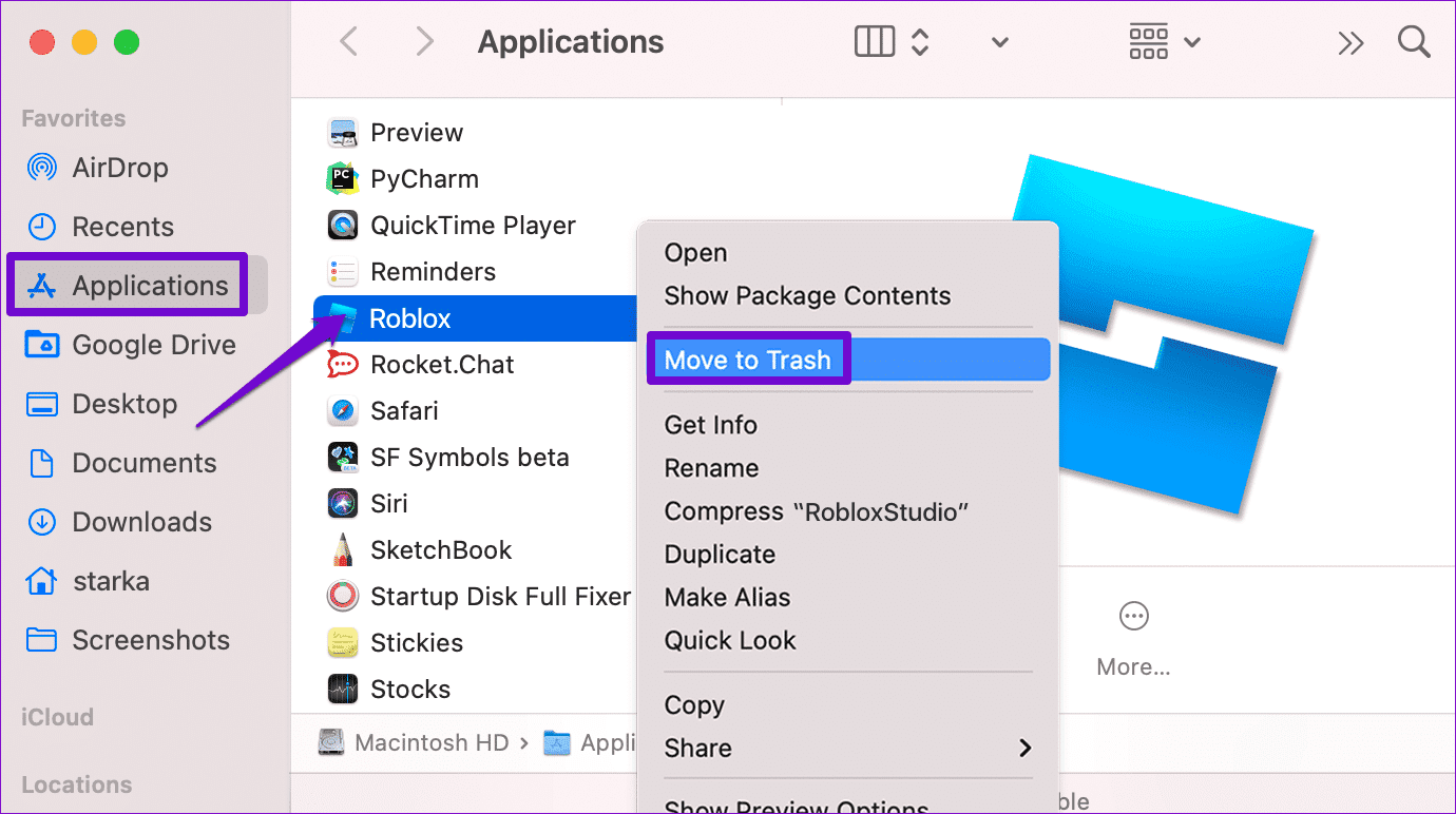 Uninstall-Roblox-From-Mac أفضل 7 إصلاحات لمشكلة الشاشة السوداء في Roblox