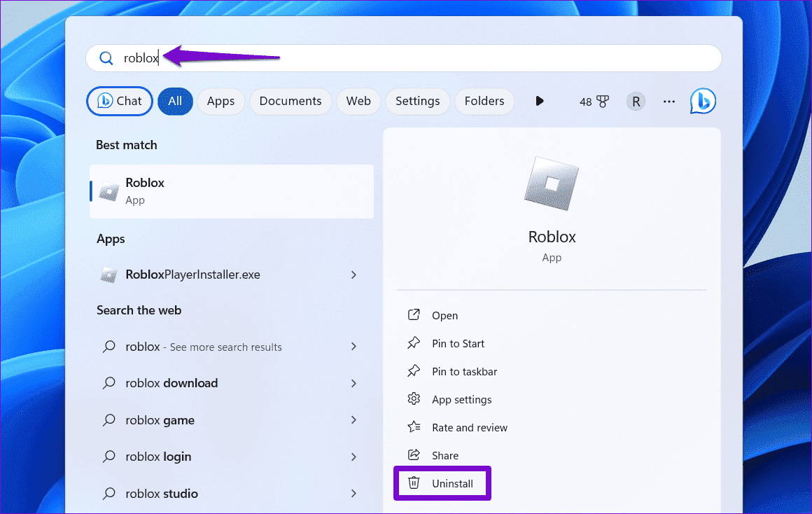 Uninstall-Roblox-on-Windows أفضل 7 إصلاحات لمشكلة الشاشة السوداء في Roblox