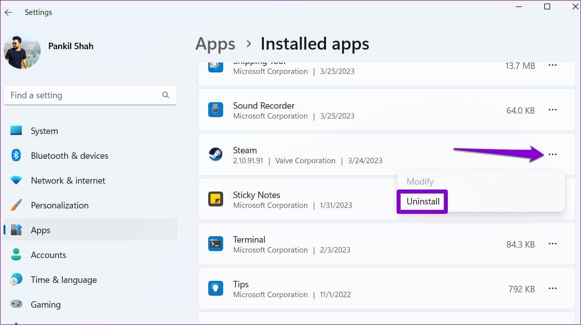 Uninstall-Steam-From-Windows أفضل 6 إصلاحات لعدم عرض للألعاب المثبتة في المكتبة على Steam في Windows