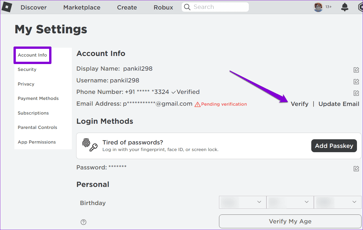 Verify-Email-in-Roblox-1 أفضل 7 إصلاحات لعدم القدرة على شراء أي شيء على Roblox