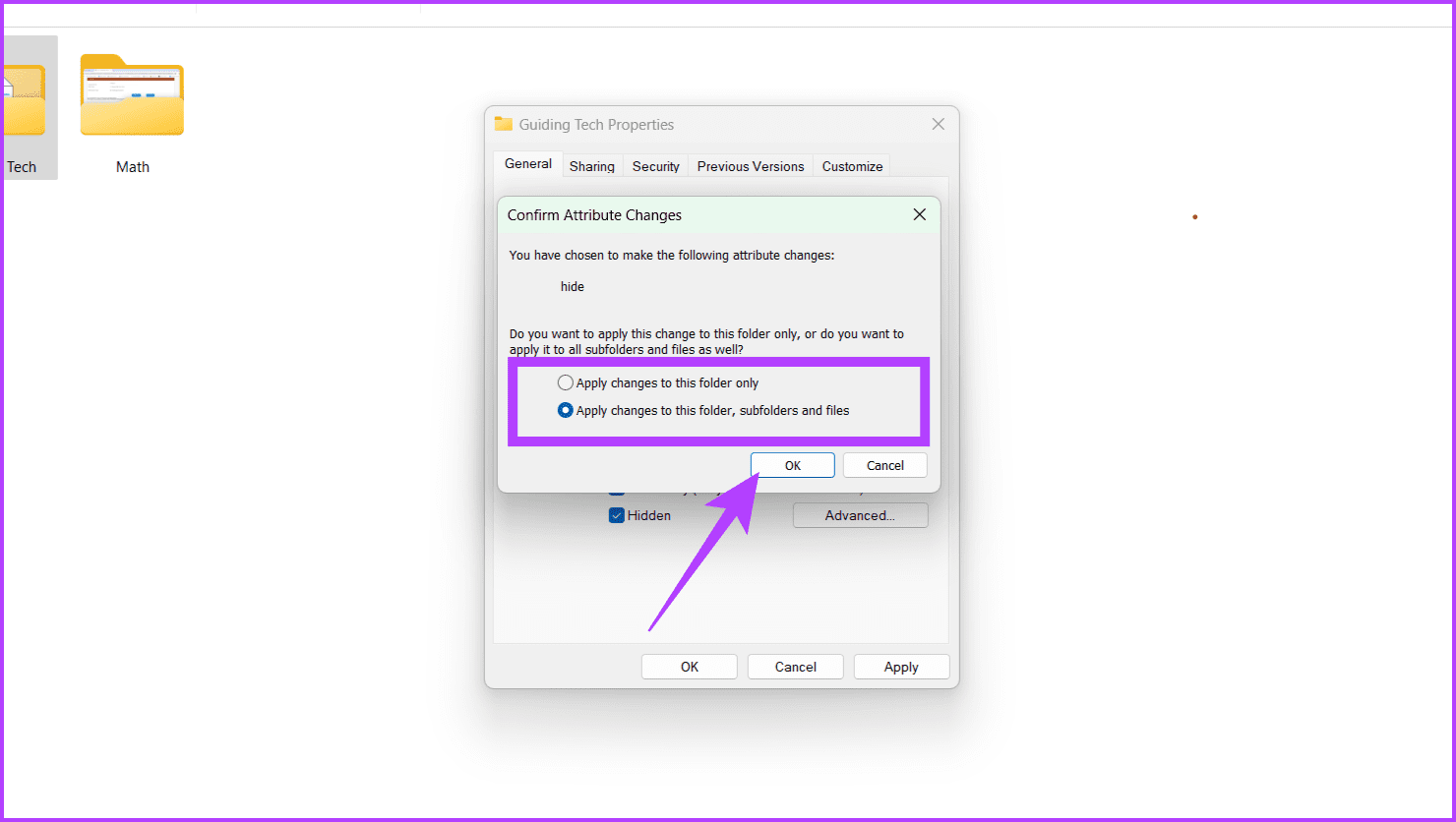 When-hiding-a-folder-choose-an-attribute-and-click-OK كيفية إخفاء الملفات والمجلدات في Windows 11