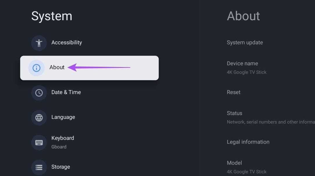 about-settings-google-tv-1 أفضل 6 إصلاحات لعدم ظهور Google Photos في الوضع المحيطي على Google TV