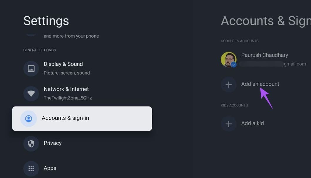 add-an-account-google-tv أفضل 6 إصلاحات لعدم ظهور Google Photos في الوضع المحيطي على Google TV