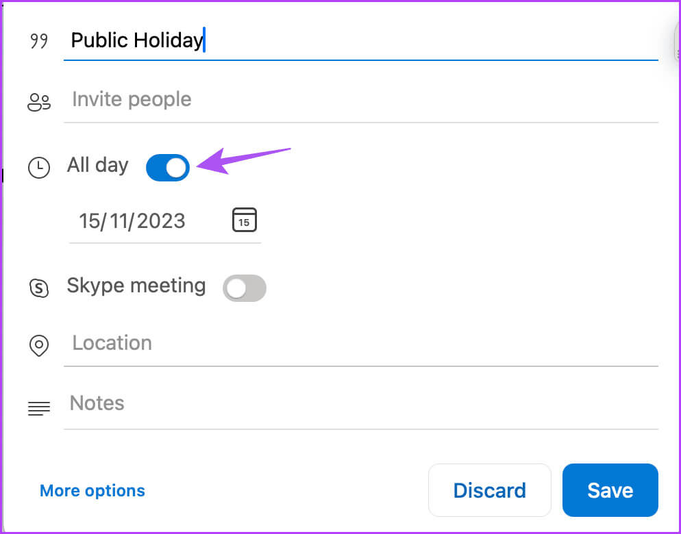 all-day-calendar-event-outl كيفية إضافة وإزالة العطل في تقويم Outlook على الهاتف المحمول وسطح المكتب