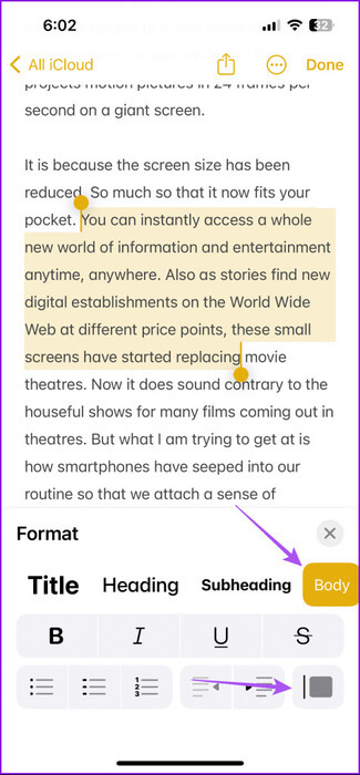 block-quote-notes-app-iphone-475x1024-1 كيفية استخدام علامات الاقتباس المحظورة في تطبيق Notes على iPhone وiPad وMac