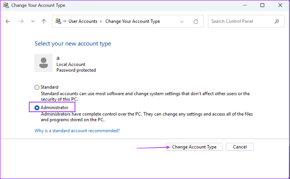 change-account-to-admin أفضل 7 إصلاحات لخطأ "فشل تعداد الكائنات في الحاوية" على Windows
