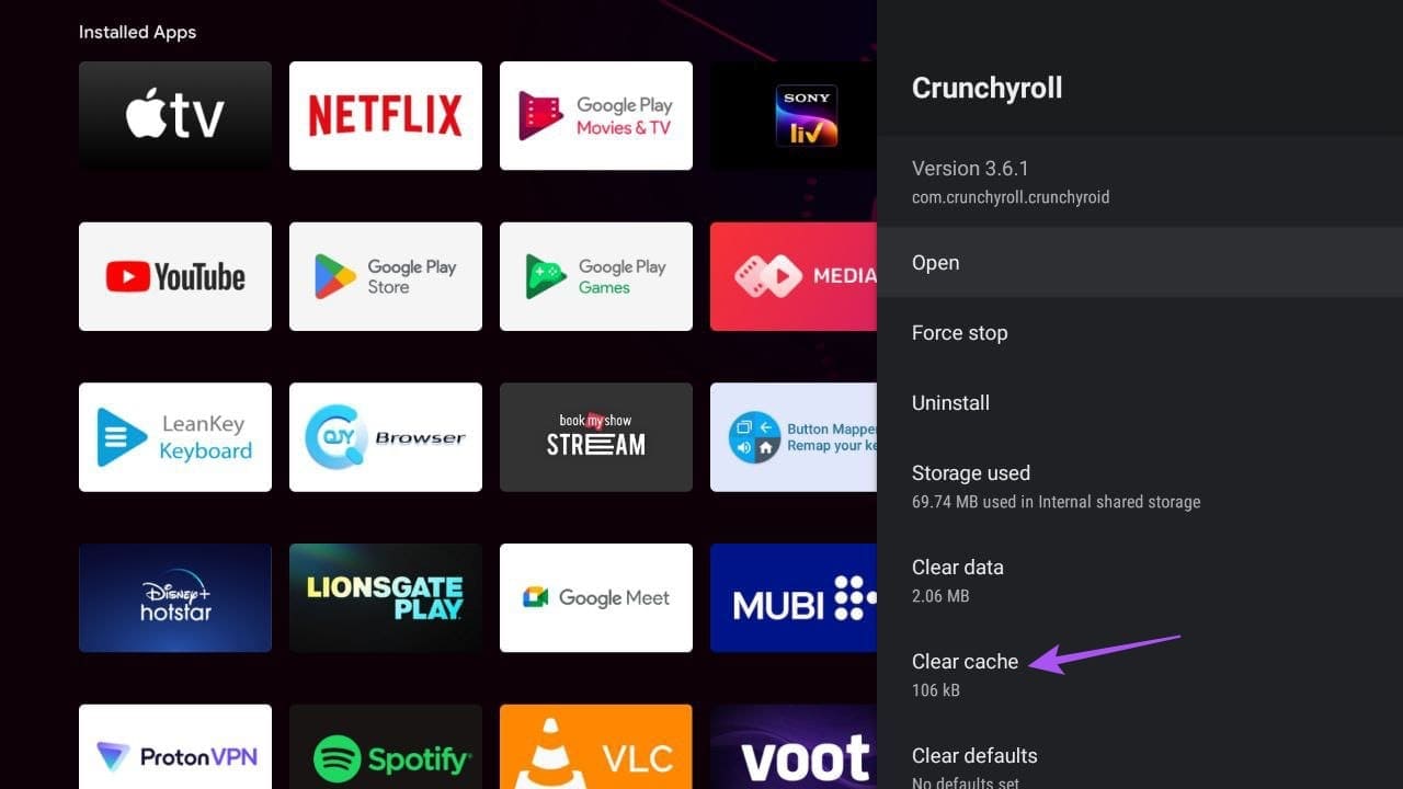clear-cache-crunchyroll-android-tv-1 أفضل 7 حلول لعدم إمكانية تسجيل الدخول إلى Crunchyroll