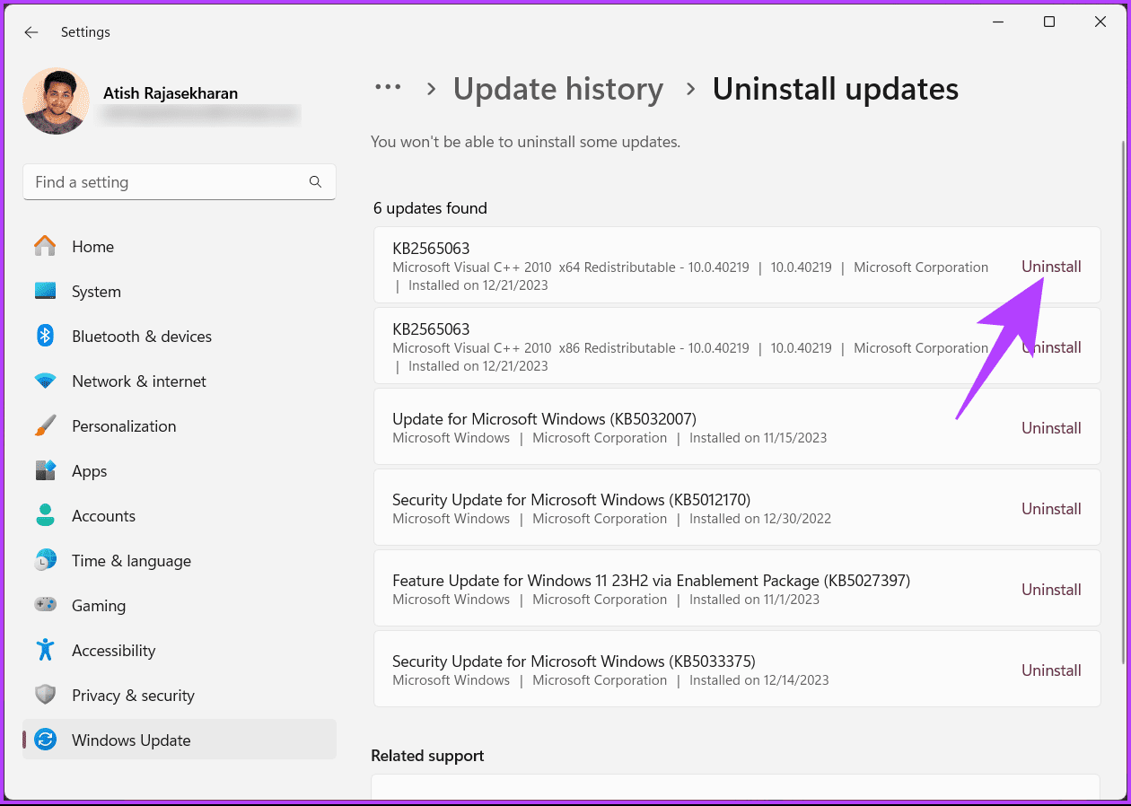 click-the-Uninstall-option 8 إصلاحات لمشكلة "جهازك يفتقد إصلاحات هامة تتعلق بالأمان والجودة" على Windows