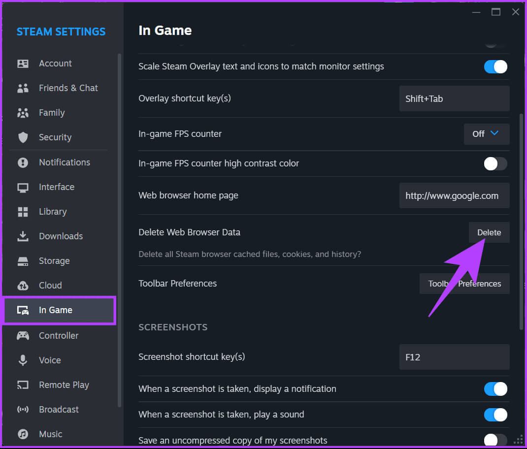 click-‘Delete-Web-Browser-Data 7 طرق لإصلاح رمز خطأ Steam 107